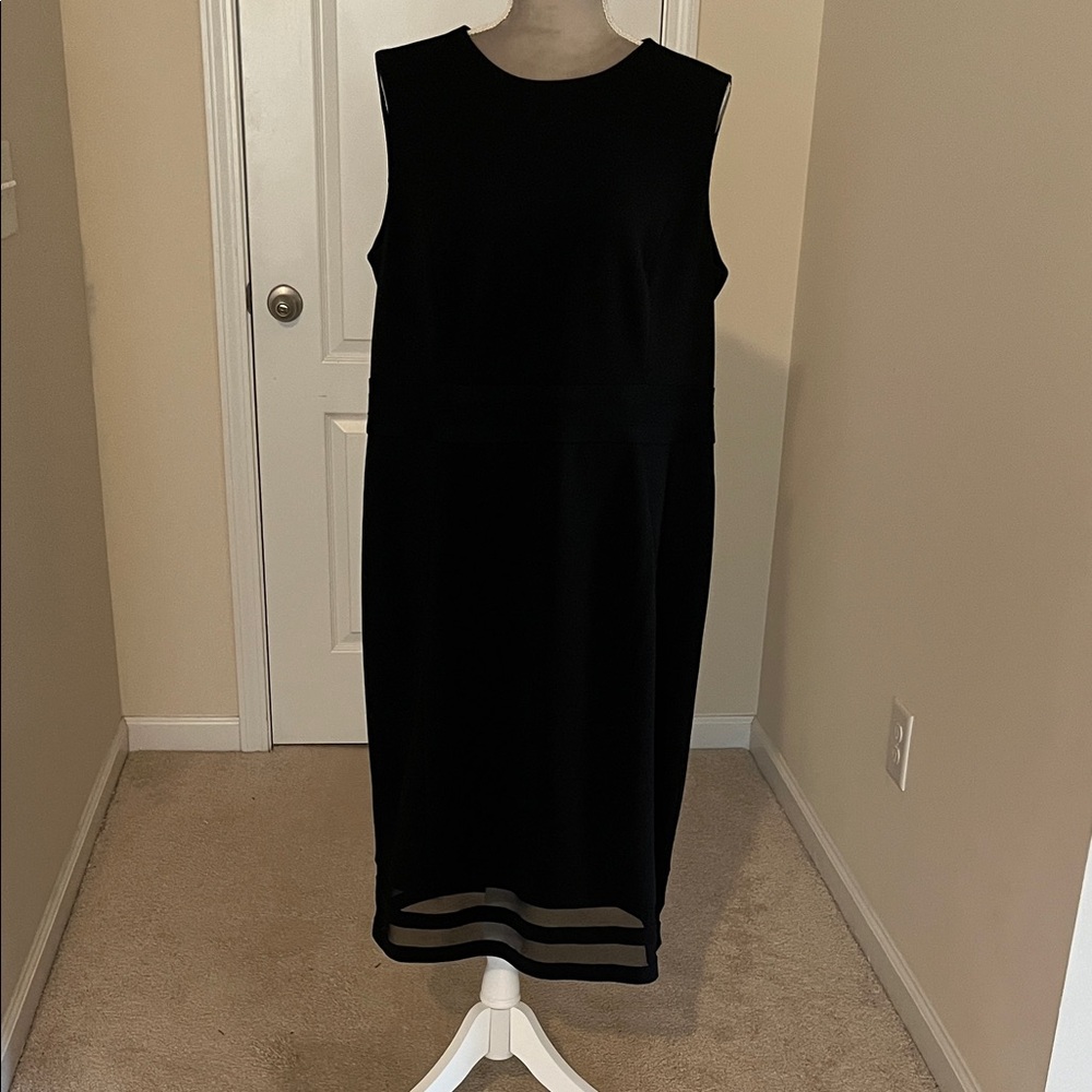 Calvin Klein Black Sleeveless Midi Dress with Sheer Hem Stripes